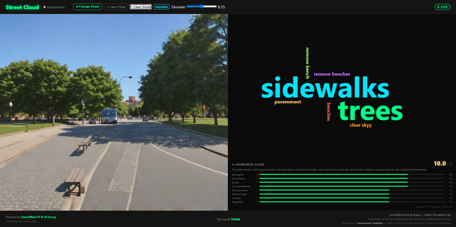 Street Cloud live session showing an existing street and community input panel